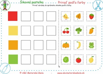 Farebné triedenie  - Priraď obrázky do správneho okienka podľa farby.