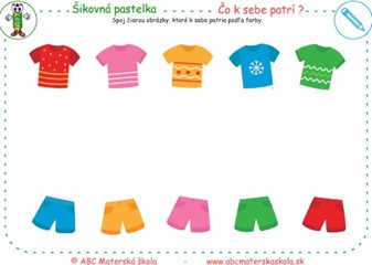 Čo k sebe patrí - Spoj čiarou obrázky, ktoré k sebe patria podľa farby.