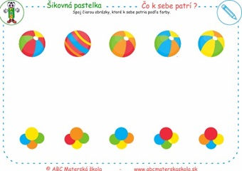 Čo k sebe patrí - Spoj čiarou obrázky, ktoré k sebe patria podľa farby.
