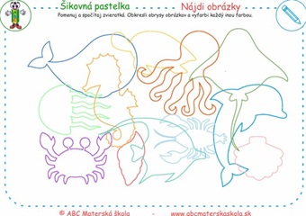 Nájdi obrázky - Pomenuj a spočítaj zvieratká. Obkresli obrysy obrázkov a vyfarbi každý inou farbou.
