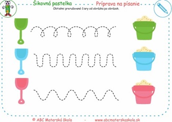 Príprava na písanie obrázky - Obtiahni prerušované čiary v každom riadku od obrázka po obrázok.