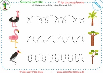 Príprava na písanie obrázky - Obtiahni prerušované čiary v každom riadku od obrázka po obrázok.