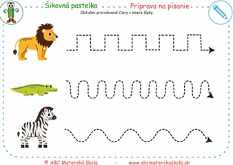 Príprava na písanie po šípke - Obtiahni prerušované čiary v každom riadku v smere šípky.