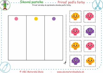 Priraď podľa farby - Priraď obrázky do správneho okienka podľa farby.