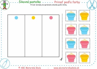 Priraď podľa farby - Priraď obrázky do správneho okienka podľa farby.