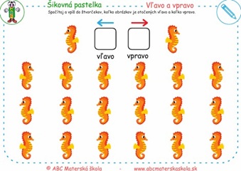 Vľavo a vpravo - Spočítaj a vpíš do štvorčekov, koľko obrázkov je otočených vľavo a koľko vpravo.