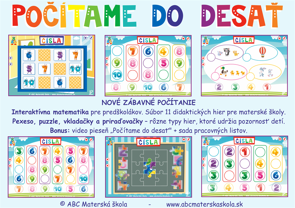 POČÍTAME DO DESAŤ – NOVÝ SÚBOR 11 didaktických Hier + Video pieseň + Pracovné listy